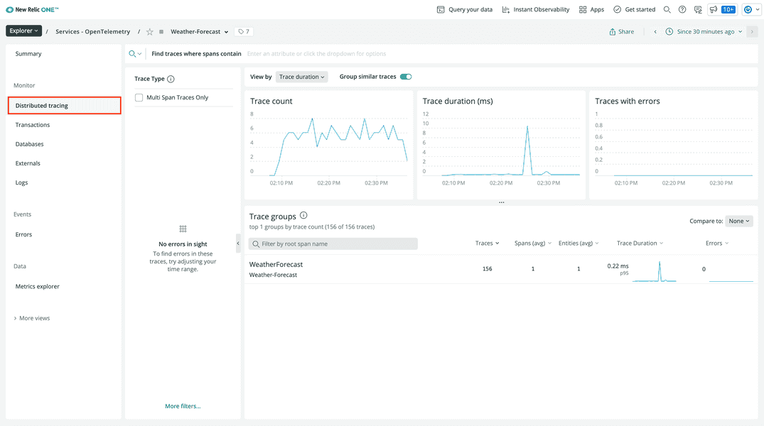 Distributed tracing view