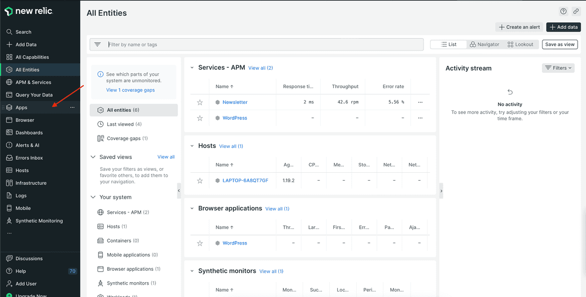 Navigate to the applications view in New Relic